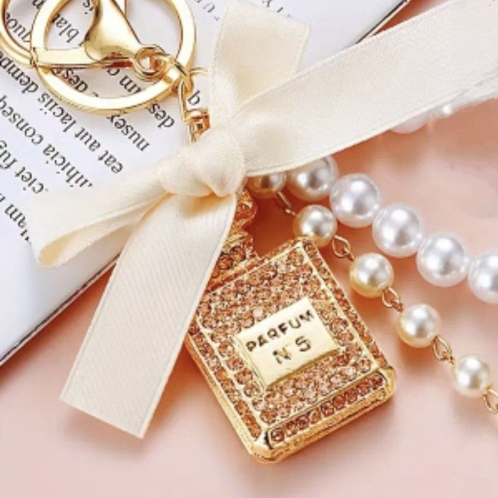 Perfume No.5 Fashion Bagcharm, or Keychain; 3 Options: Black, White, Rose